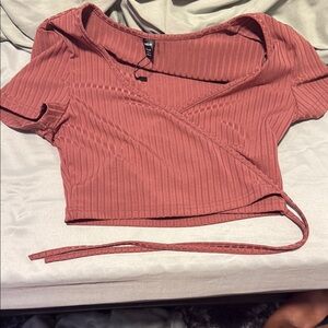 SHEIN Pink Ribbed Crop Wrap Blouse